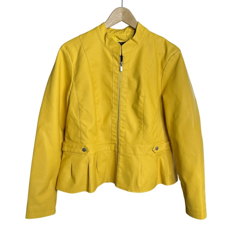 Baccini | Yellow Peplum Faux Leather Jacket | Moto Style | XL - Picture 3 of 6
